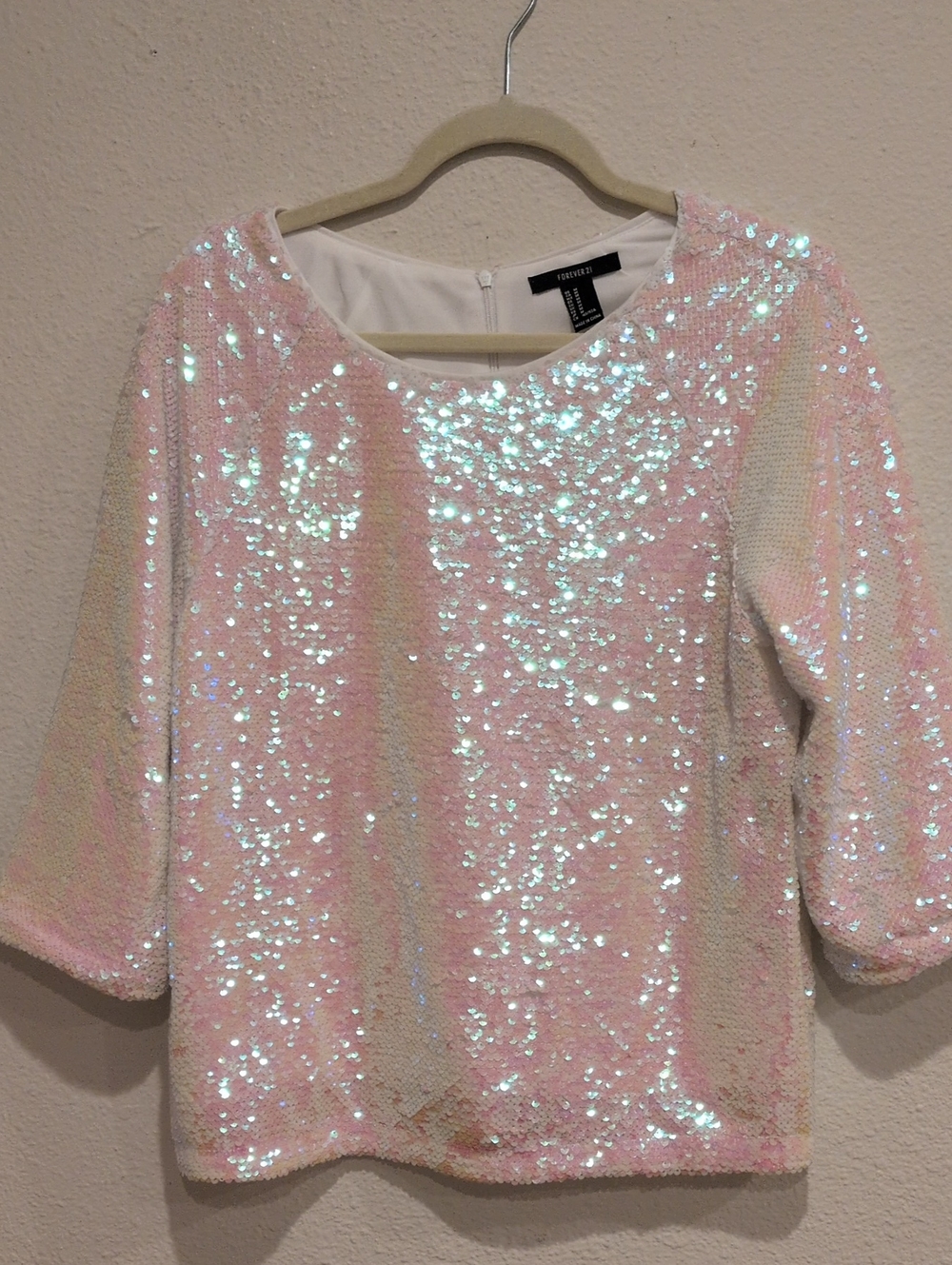 Forever 21 White Pink Sequined Long Sleeve Top Size Medium